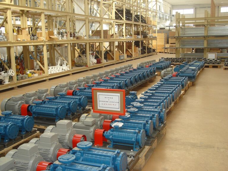 Rows of new centrifugal pumps in a warehouse